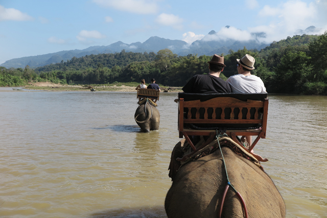 Paseo en elefante por el rio Nam Khan, en el Elephant Village, cerca de Luang Prabang, Laos